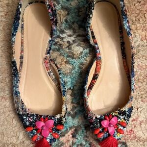Kate Spade Multicolor Tweed and Leather Flats with Leather, Bead, Tassel Detail